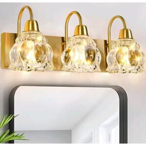 3 Light Vanity Fixture Brushed Brass Gold Flower Glass Shade E12 Dimmable